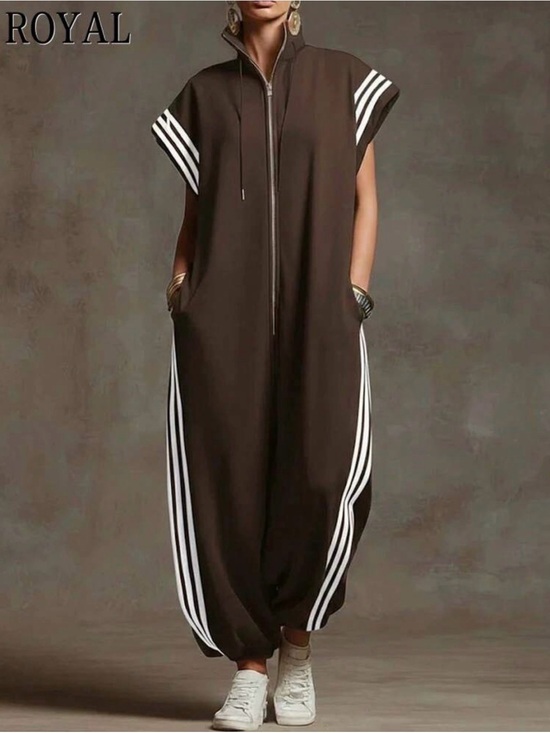 Pants - Sporty Zip-Front Jumpsuit with Striped Side Panels. NWOT.